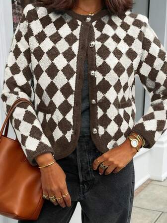 Autumn And Winter Women's Fashion Casual Urban Modern Checkered Pattern Button-Up Design Slim-Fit Crew Neck Long-Sleeve Short Cardigan