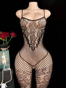 Sexy Hollow Suspender , Fishnet Back With Open Crotch Design - Black Lace-Up Tubular Top, Valentine's Day Lingerie - màu đen - Xem 1
