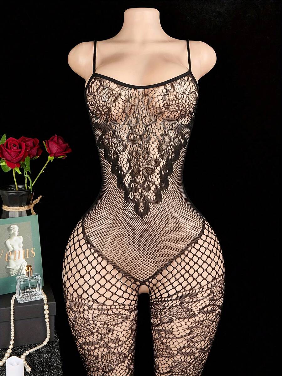 Sexy Hollow Suspender , Fishnet Back With Open Crotch Design - Black Lace-Up Tubular Top, Valentine's Day Lingerie - màu đen - Xem 1