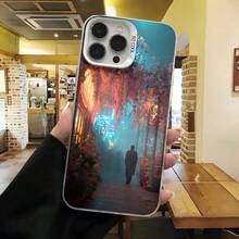 Cubierta de telefono con diseño de paisaje misterioso azul oscuro con silueta de persona y flores en camino iluminado para uso diario en cafeterias y salas de estar - Negro - Ver 3