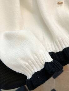 Women's Casual Bow Button Patchwork Contrast Color Pocket Knit Cardigan, Autumn/Winter - White - View 8