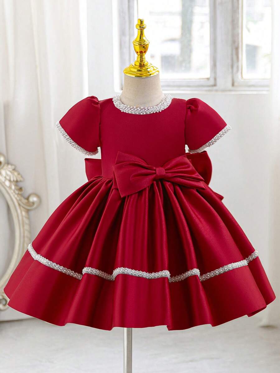 酒紅色高級緞面短洋裝附蝴蝶結裝飾,公主裙適合年輕女孩生日、婚禮、花童、伴娘、派對、節日、聖誕場合 - 酒紅色 - 查看 1