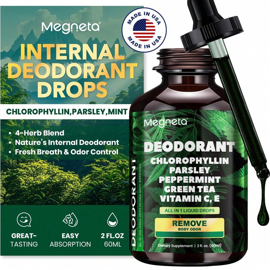 MEGNETA Chlorophyll Liquid Drops - Internal Deodorizer, Odor Remover | For Gut Health, Detox, Digestion & Immune Support, Natural Mint Flavor- 2 Fl Oz, Free Shipping, For Men And Women - 2 液體盎司(1 瓶裝) - 查看 1