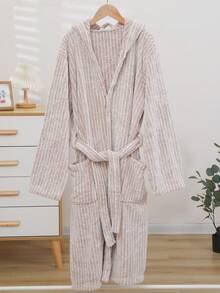1pc Women Student Solid Color Jacquard Coral Fleece Soft Absorbent Warm Casual Home Cute Hooded Bathrobe Bath Robe Morning Robe Long Robe Loungewear Bathing Swimming Travel Personal Use Gift - Multicolor - View 14