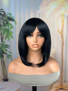 16 Inch Light Straight Bob Wig With Bangs Synthetic Wig Realistic Short Black Bob Wigs, Cut Bob Wig Glueless - Multicolor - View 14