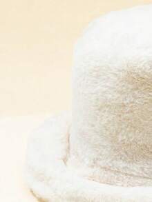 1pc Women's Beige Fluffy Thickened Winter Warm Wide Brim Fashion Versatile Bucket Hat, Suitable For Daily Casual, Shopping, Commuting Winter Gear - Solid Color - View 3