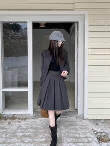 女士新款美式灰色羊毛褶裥A字裙，秋冬修身款 - 灰色 - 查看 5