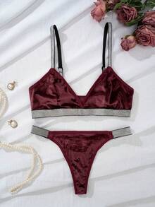 Ladies Velvet Thong Set & Wireless Comfy Bra Set For Autumn/Winter Two Pieces Set Women 2 Pieces Set - Burgundy - View 1