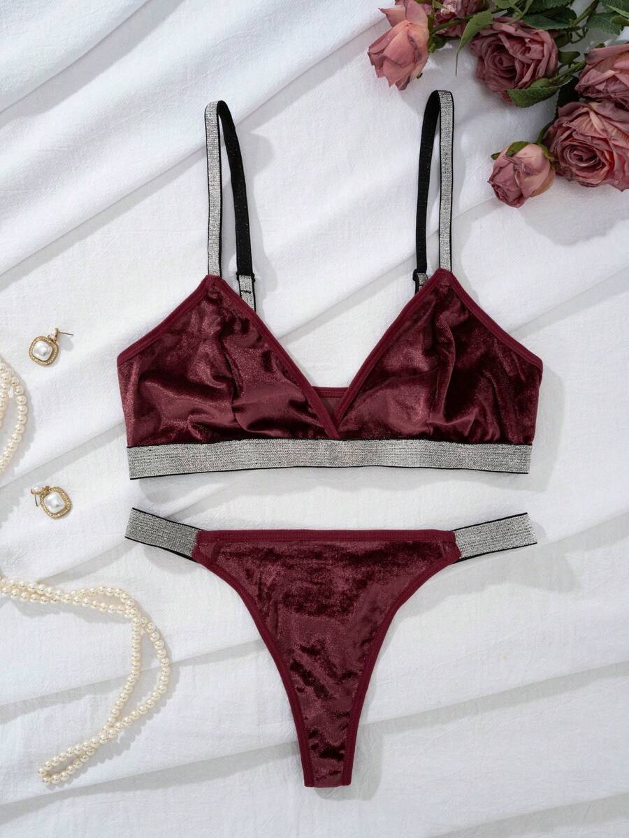 Ladies Velvet Thong Set & Wireless Comfy Bra Set For Autumn/Winter Two Pieces Set Women 2 Pieces Set - Burgundy - View 1