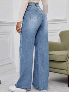 Jeans de mujer de talle medio, de unicolor y sin estiramiento - una opción elegante y sexy para el uso casual y el descanso - Azul lavado medio - Ver 3