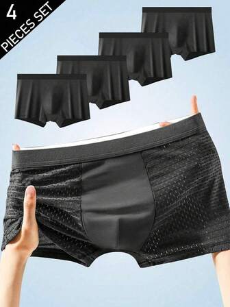 4 piezas de calzoncillos tipo bóxer para hombres de malla transparente de unicolor, ropa interior corta casual y transpirable