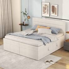 =(WX000503AAA) Upholstered Bed, 200x140cm, Double Bed With Metal Frame, Large Storage Space, Both Sides Fold Down, Beige - Beige + Solid Wood+MDF + Linen - View 10