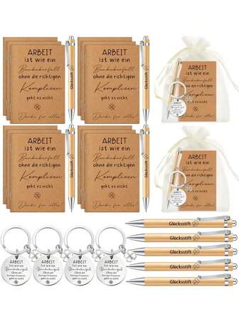 48 delar/12 set tyska lyckopennor, nyckelringar och anteckningsblock - Presentpaket för tysk uppskattning, lämpligt för kollegor, lärare och anställda - Inkluderar anteckningsblock med texten "Arbete är som bankrån", nyckelring och högkvalitativ uppskattningspenna (lämplig som avskedspresenter) Presentset för uppskattning av anställda