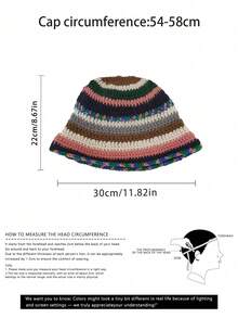 1pc Autumn/Winter Maillard Color Bow Contrast Striped Polka Dot Handmade Crochet Knitted Hat, Thick All Season Versatile Rainbow Striped Knit Bucket Hat For Women, - Coffee Brown - View 4