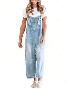 Peto vaquero desgastado para mujer - Tirantes ajustables, detalles de botones, mono de corte relajado - Lavado ligero - Ver 4