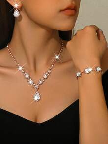 Conjunto de joyería nupcial - Collar de gota de cristal, aretes, pulsera con decoración de borla de cristal, adecuado para vestido de novia, vestido de gala - Multicolor - Ver 14