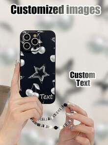 1pc Customizable Black TPU Phone Case With Star Pattern & 1pc Black Heart-Shaped Soft Clay Wrist Strap, Customizable Text Phone Case, Anniversary Gift, Valentine's Day Gift, Birthday Gift, Wedding Gift, Mother's Day Gift, Father's Day Gift, Best Friend Gift, Gift For Mom/Dad, Gift For Boyfriend/Girlfriend, Suitable For Apple/Matching Phone Cases/Phone Cases With Lanyard/Funny Phone Cases/Android Phone Cases/ Phone Cases/ Phone Cases/OPPO Phone Cases/Galaxy A51 4G - Multicolor - View 2