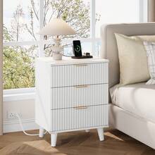 GIKPAL Wood 3 Drawers Dresser Fluted Night Stand With Charging Station, Storage Nightstand Modern Side Table, Bedside Table For Bedroom, Living Room Entryway, White - 白色 - 查看 1