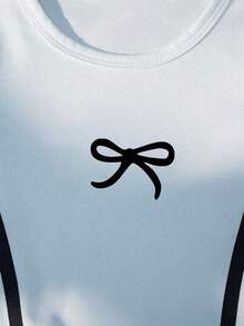 少女蝴蝶结印花圆领短袖T恤搭配喇叭裤休闲套装 - 白色 - 查看 3