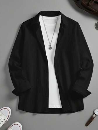 男士加大码长袖休闲衬衫，纯色，适合秋冬季穿着