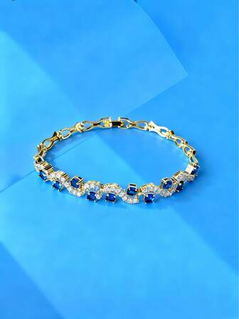 1pc Luxury Niche Style Bracelet, Blue Artificial Crystal Material, Wave Design With Full Diamonds, Fashionable & Elegant Jewelry For Women, Suitable For Wedding, Party, Evening, Shopping, Family Gathering, Great Gift For Women