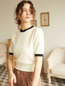Knit Mix 优雅女士春夏时尚日常休闲法式罗纹饰边短袖撞色针织衫，简约复古春夏风格，返校季春夏女装，情人节女装 - 米色 - 查看 4