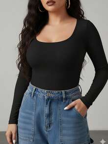 大码女式无缝长袖塑身连体衣，高腰提臀效果，高弹面料，柔软亲肤，畅销款 - 黑色 - 查看 4