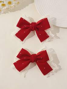 2pcs Girls' Red Rhinestone Lace Bow Cute Delicate Versatile Velvet Bow Hair Clips, Suitable For Valentine's Day, New Year Matching, Gift - Burgundy - View 1