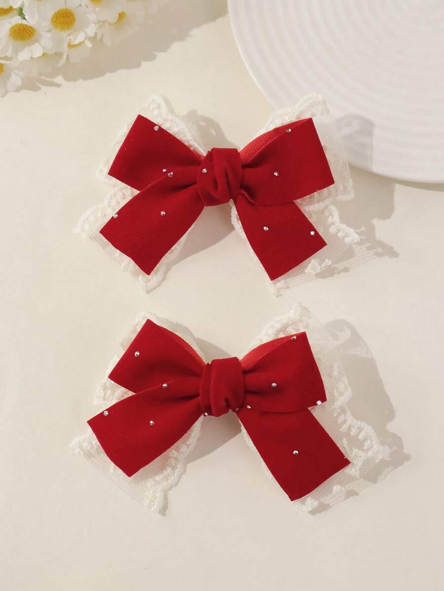 2pcs Girls' Red Rhinestone Lace Bow Cute Delicate Versatile Velvet Bow Hair Clips, Suitable For Valentine's Day, New Year Matching, Gift - Burgundy - View 1