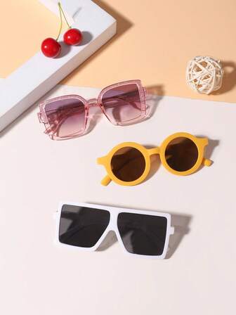 1 Set, 3 PCS Boys And Girls 4-8Y Fine Glitter Square Frames, Vintage Cute Round Frames And Casual Square Fashion Glasses Suitable For Holiday Outings, Outfit Matching, And Festival Gifts