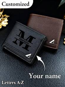 Men's Solid Color Letter Print Short Wallet, Made Of PU Leather, Minimalist Bifold Multi-Card Slots Design, Customizable, Ideal Gift For Brother, Father, Boyfriend, Anniversary, Father's Day, Christmas, Valentine's Day - Black - View 1