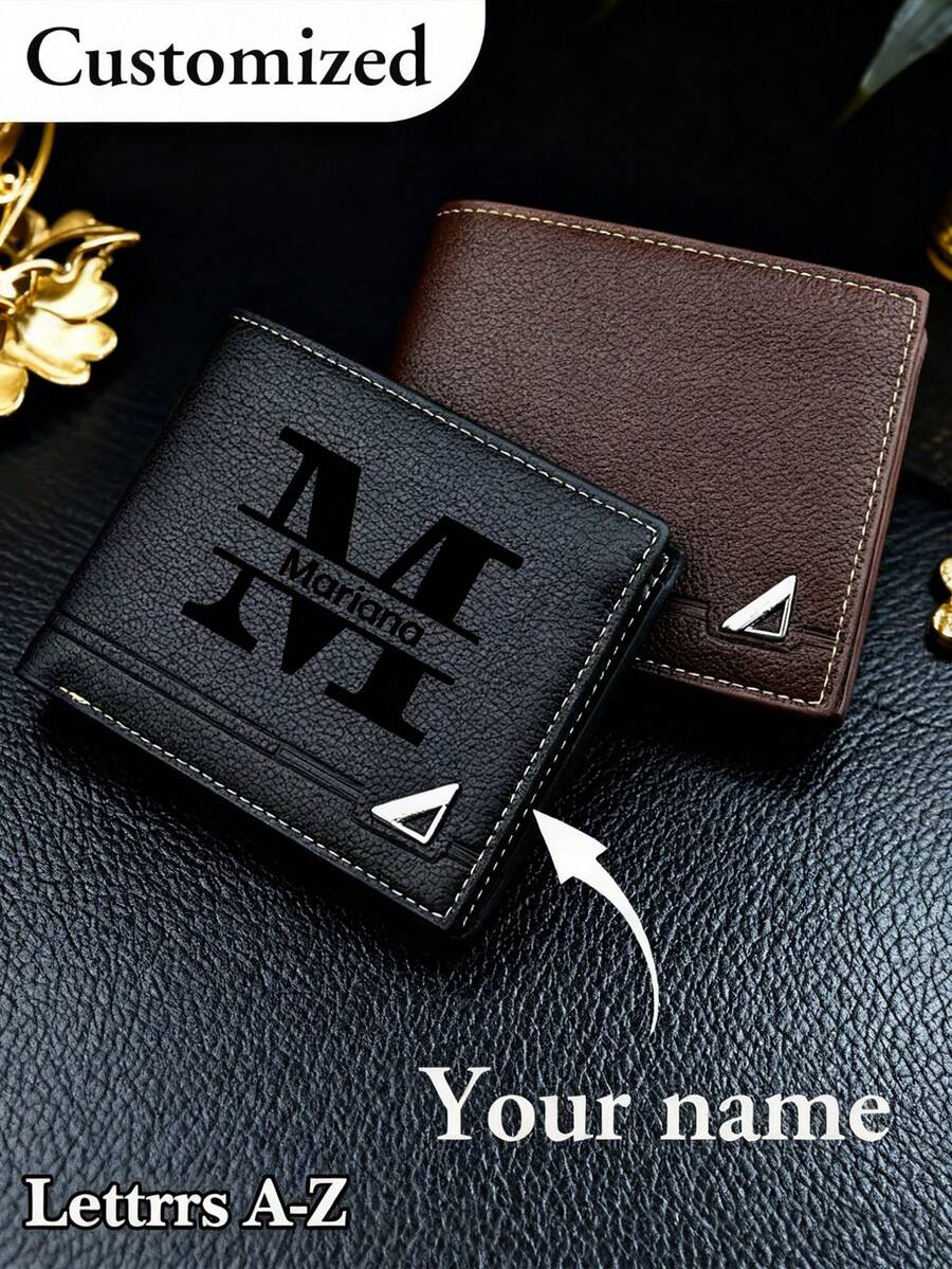 Men's Solid Color Letter Print Short Wallet, Made Of PU Leather, Minimalist Bifold Multi-Card Slots Design, Customizable, Ideal Gift For Brother, Father, Boyfriend, Anniversary, Father's Day, Christmas, Valentine's Day - Black - View 1