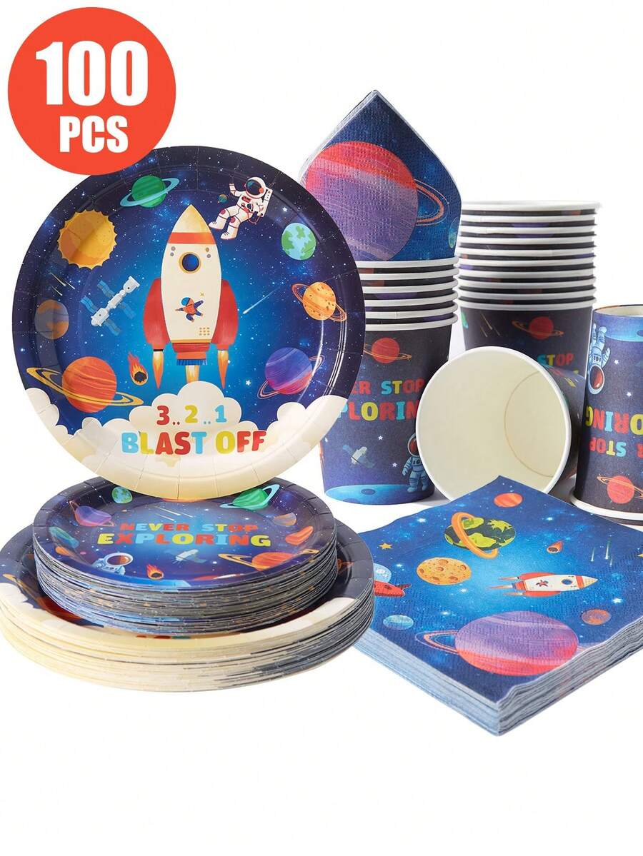 100/25/10pcs Space Rocket Astronaut Disposable Plates Napkins Cups, Astronaut Theme Plates Napkins And Cups Party Supplies, Suitable For 25 Guests, Disposable Paper Plates Party Tableware Suitable For Birthday Wedding Party Family Picnic - Multicolor - View 1