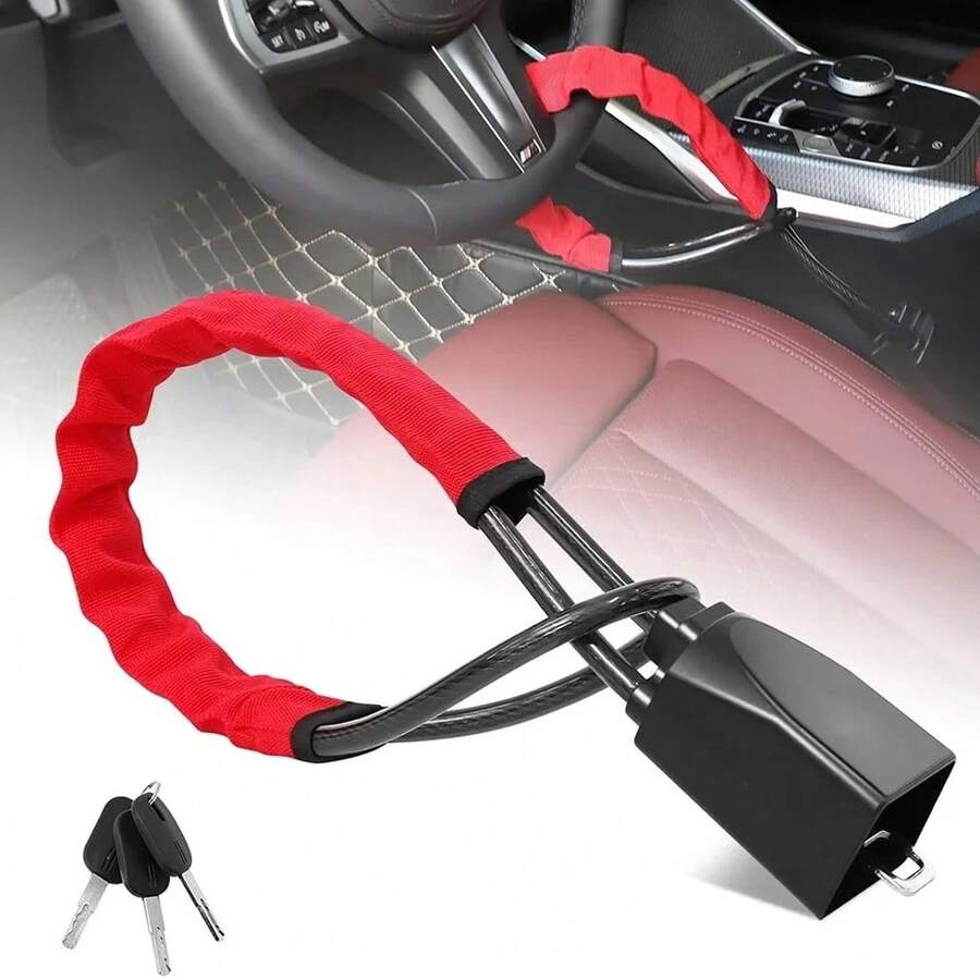 Steering Wheel Lock Anti-Theft Car Security Device Heavy Duty Seat Belt Lock Black/Red/Yellow - Red - View 1