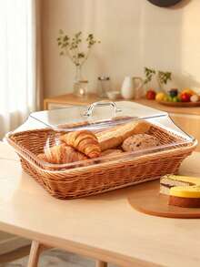 Imitation Rattan Bread Baskets,13.8''x9.8'' Large Wicker Bread Baskets With Acrylic Lids,Tabletop Food Serving Basket, Fruit Tray, Rattan Food Serving Tray For Kitchens,Dining,Restaurants - 卡其色 - 查看 1