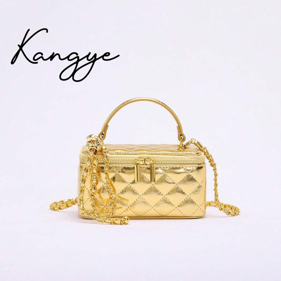 Classic Quilted Chain Strap Box Bag – Versatile Handheld Crossbody Evening Bag, Intricate Embroidered Quilted Design, Structured Formal Event Handbag, Compact Capacity Gatherings & Special Occasions,Purses And Bags Women,Burgundy Purse,Gold Purse,,Gifts - Vàng - Xem 1