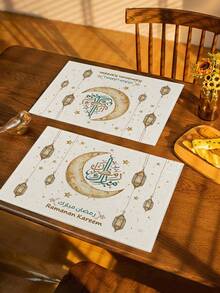 1/4/6 szt. Podkładka na stół z motywem gwiazdy księżycowej w nowoczesnym stylu, lniana, antypoślizgowa, dekoracyjna mata stołowa na Ramadan, idealna na przyjęcie świąteczne Eid Mubarak, muzułmańska dekoracja domu - Wielokolorowe - Zobacz 3