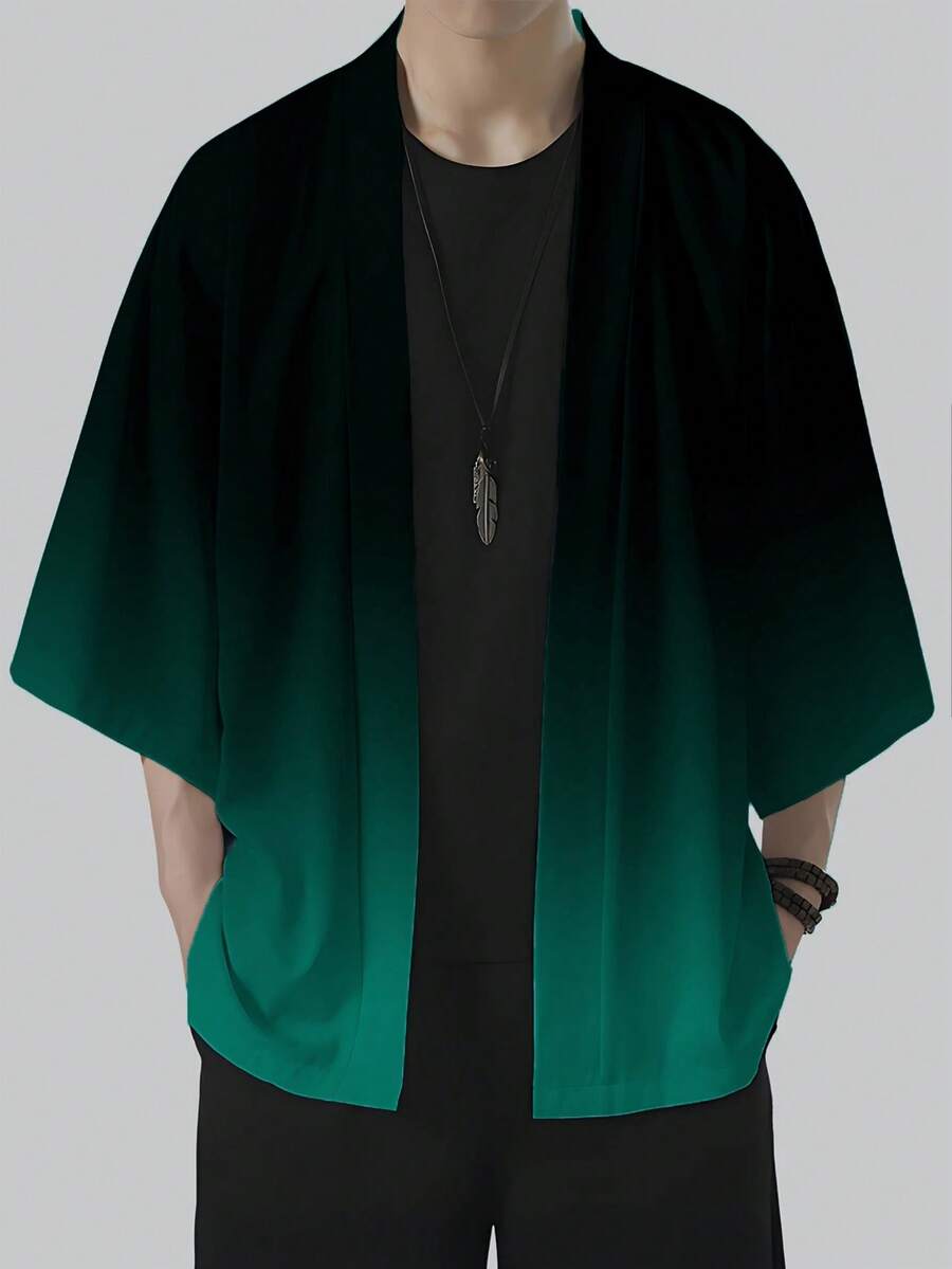 Cardigan Pria Motif Ombre Gaya Jepang Retro - 100% Poliester, Ringan, Longgar, Tanpa Kerah, Selendang Pelindung Matahari Musim Semi/Panas/Gugur, Dapat Dicuci dengan Mesin, Hadiah Modis, Musiman, Konstruksi Tahan Lama, Tampilan Bergaya, Ukuran China, Harap Periksa Tabel Ukuran dengan Seksama - Hijau - View 1
