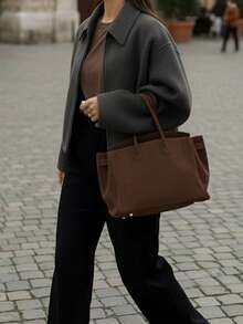 Women's Fashionable Simple And Versatile Commuting Zipper Woolen Coat Tops - Dark Grey - View 6