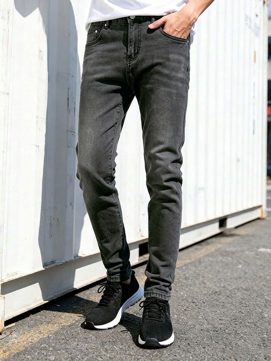 Men's Fashionable Pure Cotton Blended Slightly Elastic Jeans, Chic Street Style Regular Fit Men's Bottoms - Grey - View 1