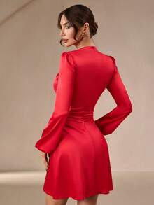 女士优雅简约浪漫甜美荷叶边A字迷你连衣裙，适合通勤、婚礼、派对、音乐节、度假等场合 - 红色长袖，毕业典礼、教师装、秋季女装、复古风、办公室女装、秋季女装 - 紅色 - 查看 2