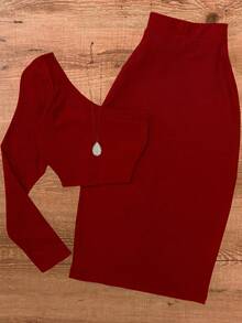 Women's Elegant Vintage Style Solid Color 2-Piece Set, Includes Asymmetric Asymmetrical Shoulder Top And Long Skirt, Burgundy