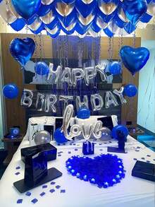 55pcs 16-Inch Silver Happy Birthday Letter Foil Balloon Set, Includes Blue, Silver Latex Balloons And Heart Foil Balloons, For Happy Birthday English Letter Decoration, Party Scene Decor, Birthday Party, Home Party Background Decoration, Wedding, Birthday Party Blue Balloons - Multicolor - View 1