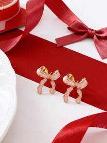 1 par de pendientes de aro con lazo rosa minimalistas y lindos, de diseño único, accesorios de joyería de moda y versátiles - Unitalla - Ver 4