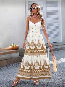 Women's Long Spaghetti Strap Dress With Braided Print, Summer Clothes, Valentine's Day, Vacation Looks, Beach, Festival, Romantic, Bohemian, Boho, Carnival. Ruffled Hem. Gathered. With Belt. Beach. Vacation. - 卡其色 - 查看 2