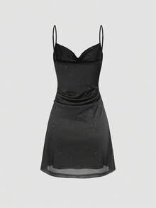 优雅迷人的闪亮网纱露背A字黑色连衣裙，浪漫百搭，适合情人节派对、鸡尾酒会、夜店、舞会、春夏外出及婚礼等场合。 - 黑色 - 查看 6