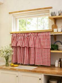 1pc Elegant Plaid Pattern Double-Layer Cafe Curtain - White & Red Plaid Pattern, Double-Layer Design, Suitable For All Seasons, Linen Fabric, Farmhouse Style Short Curtain, Applicable For Living Room, Kitchen, Bathroom Window Decor - Red - View 8