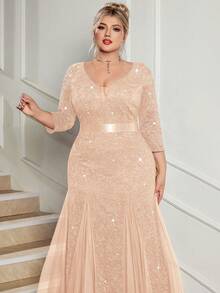 Plus Size Deep V-Neck Sequin Floral Lace Contrast Mesh Mermaid Hem Evening Party Formal Maxi Dress - Rượu sâm banh - Xem 8