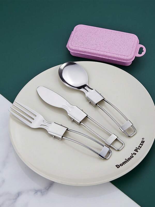 One Set Stainless Steel Tableware Set 304 Grade Spoon Folding Knife Spoon Fork Outdoors Camping Cutlery Set With Protable Box
