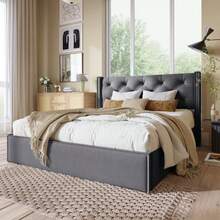 Hydraulic Double Upholstered Bed 160x200cm, Bed With Slatted Base Made Of Metal Frame, Modern Bed Frame With Storage Space, Cotton, Grey - Gray 3 - View 4